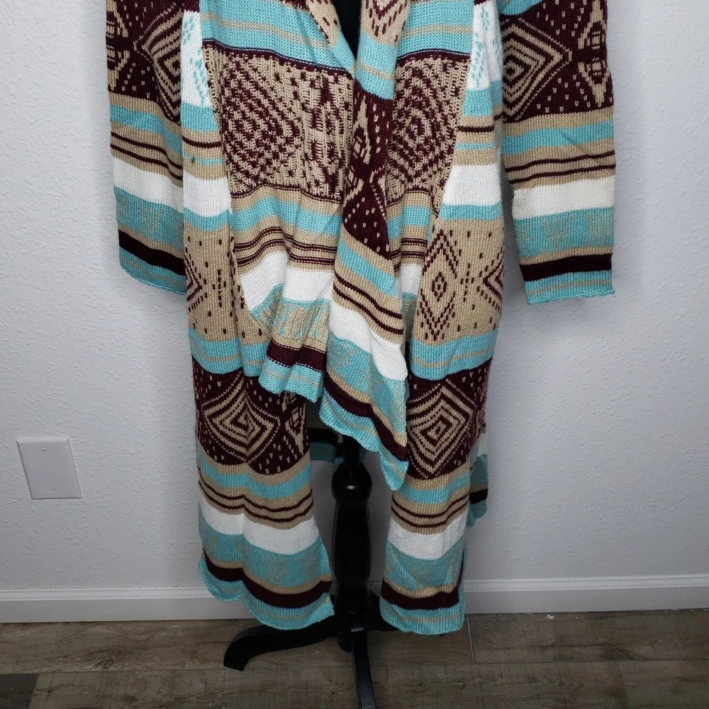 Love Cotton Knit Southwestern Asymmetric Long Line Open Front Cardigan Size M/L